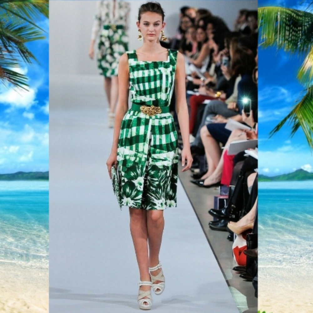 ♡2,800 OSCAR DE LA RENTA GREEN WHT FLORAL SILK LINED DRESS 12